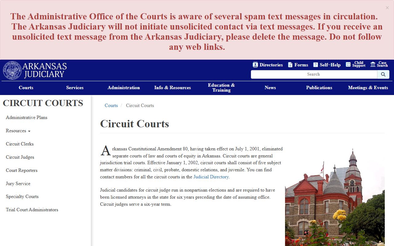 Arkansas Judiciary circuit courts page describing Pulaski County court records divisions