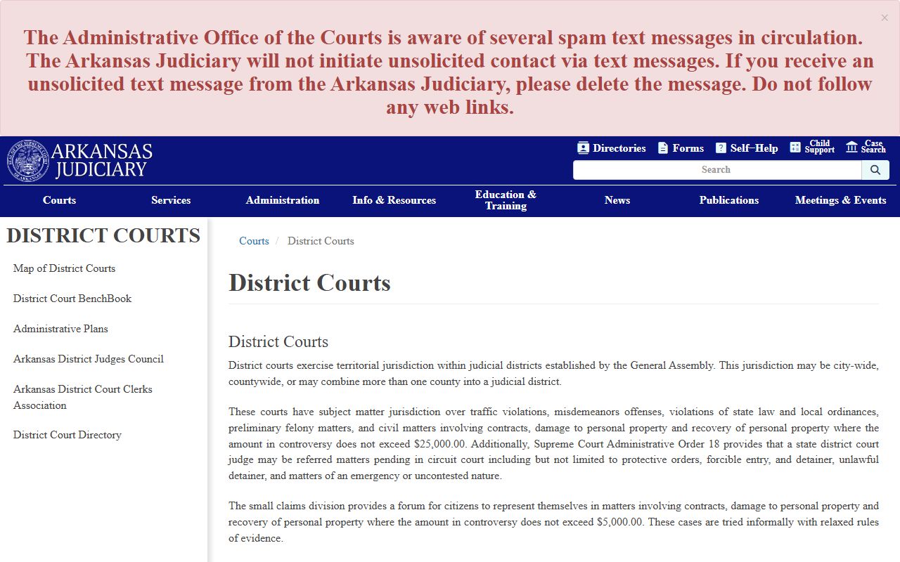 Arkansas Judiciary district courts page covering Pulaski County District Court records jurisdiction