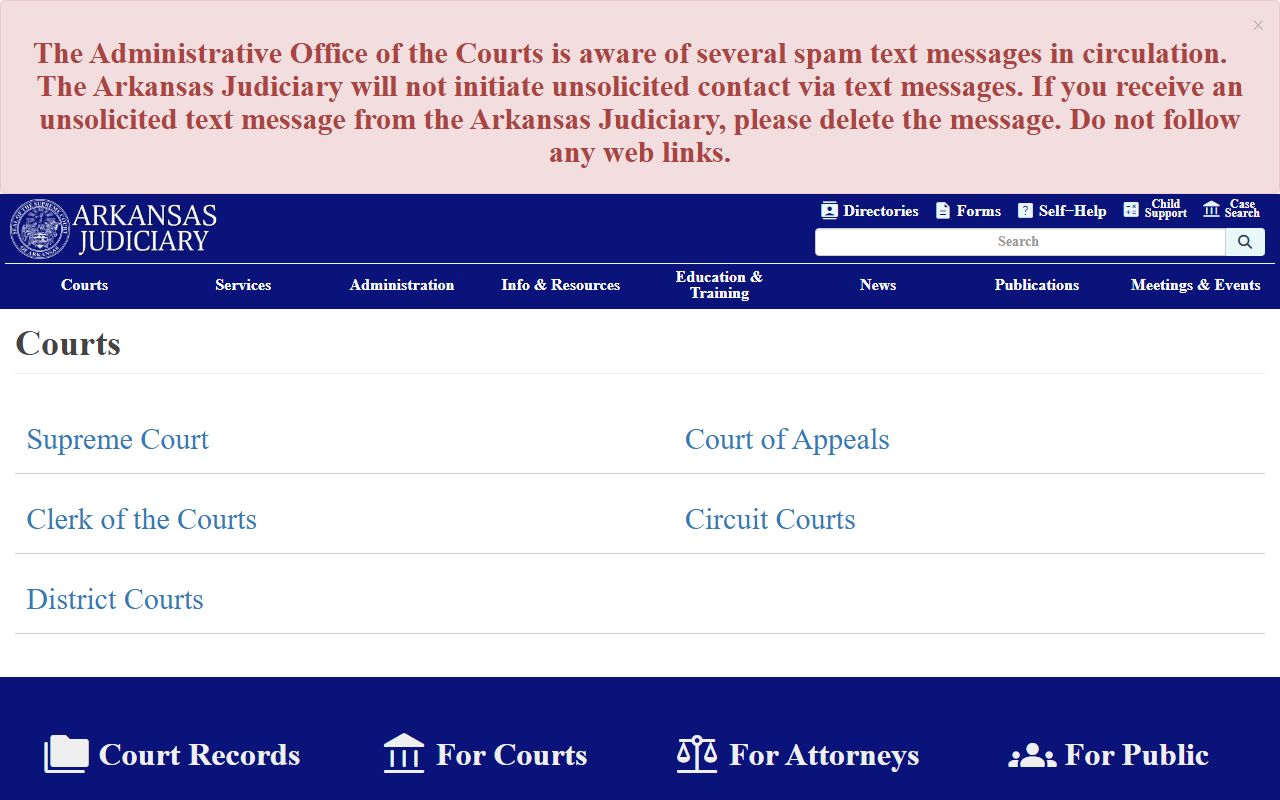 Arkansas Judiciary court system landing page covering Pulaski County court records access