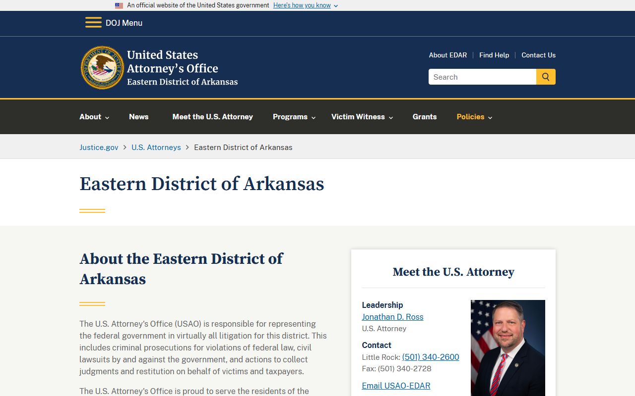 U.S. Attorney Eastern District of Arkansas federal Pulaski County criminal court records office