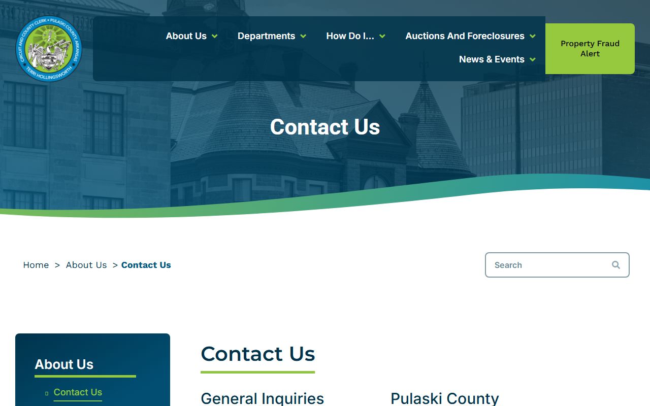 Pulaski County Clerk contact page with court records department phones and rooms