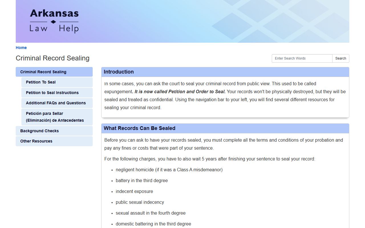 Arkansas Law Help criminal record sealing guide for Pulaski County court records