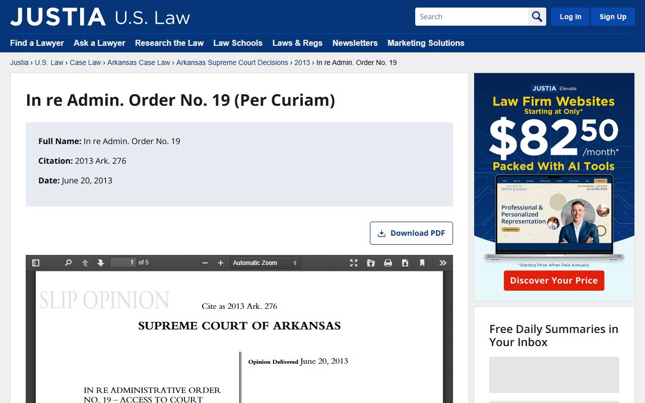 Arkansas Supreme Court Administrative Order No. 19 text governing Pulaski County court records