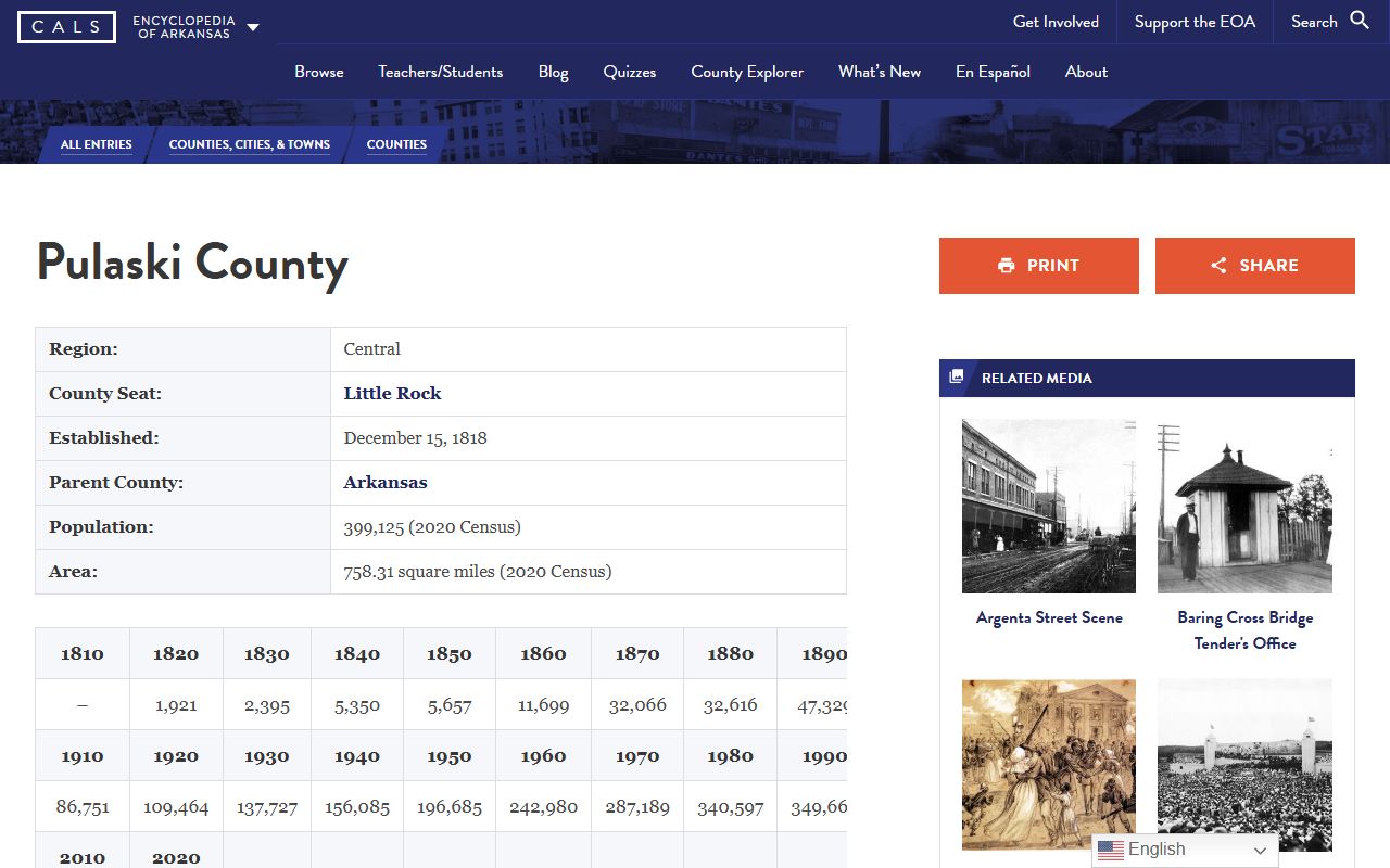 Encyclopedia of Arkansas Pulaski County entry covering court records and county history