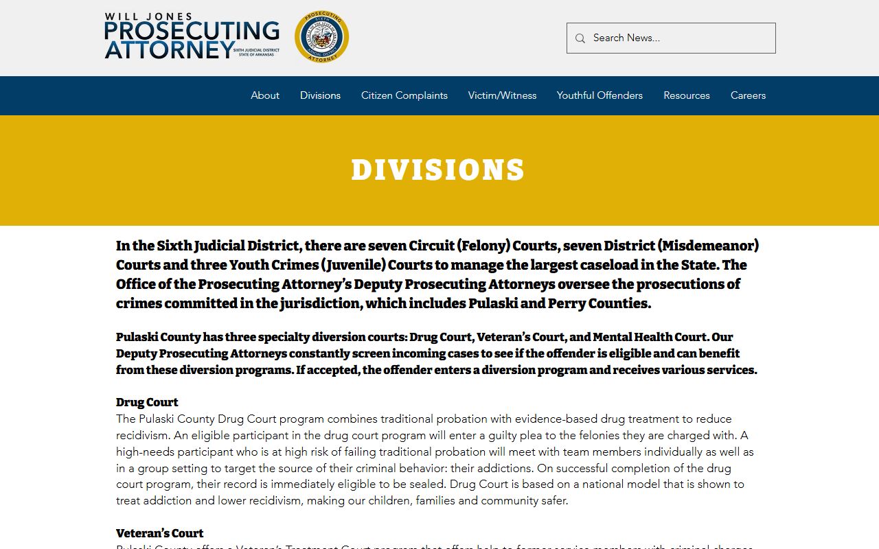 Pulaski County Prosecutor divisions page describing specialty diversion court records tracks
