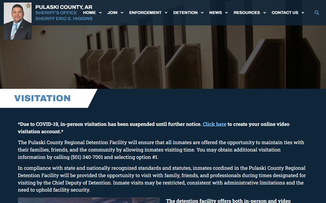 PCSO visitation page with Pulaski County jail visit schedule and court records contact