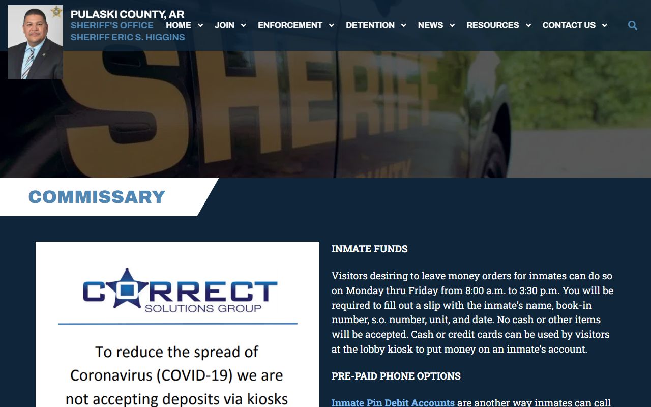PCSO commissary page and Pulaski County inmate-funds court records details