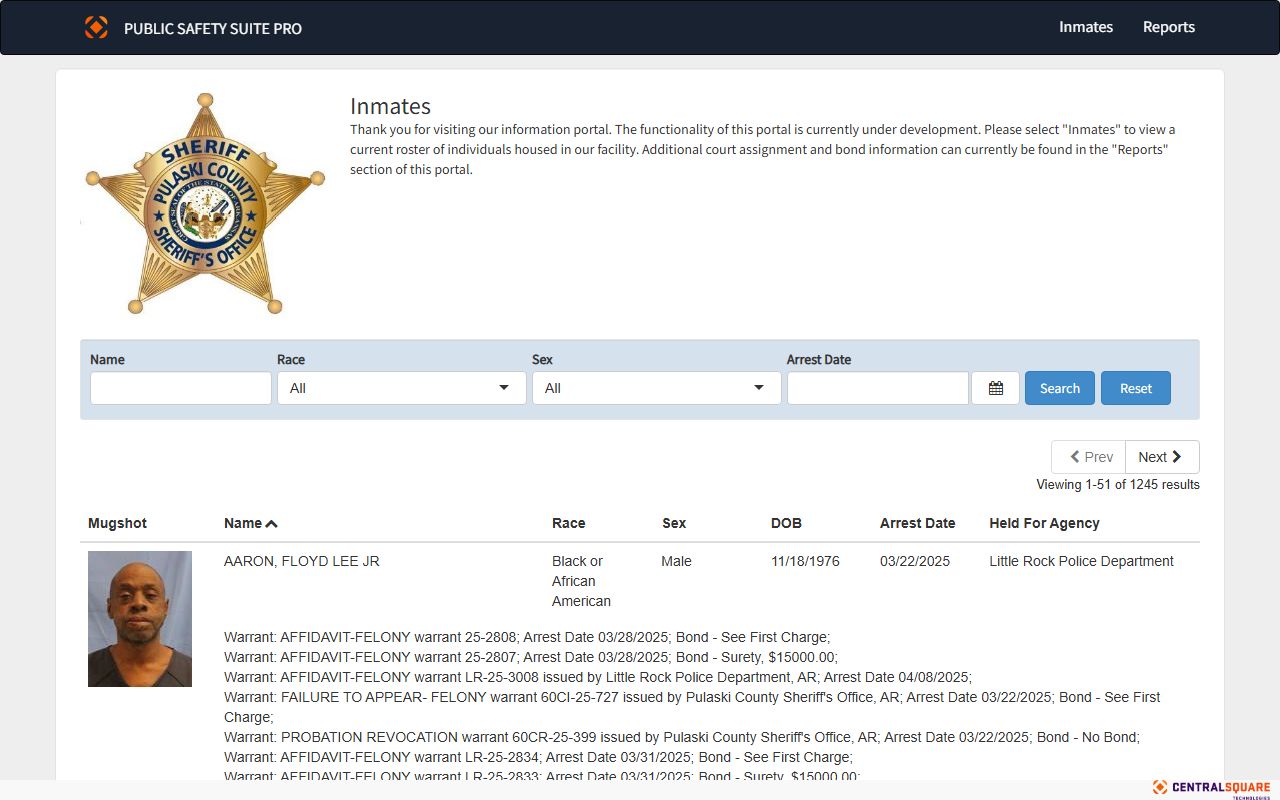 PCSO Zuercher Portal inmate roster interface for Pulaski County court records