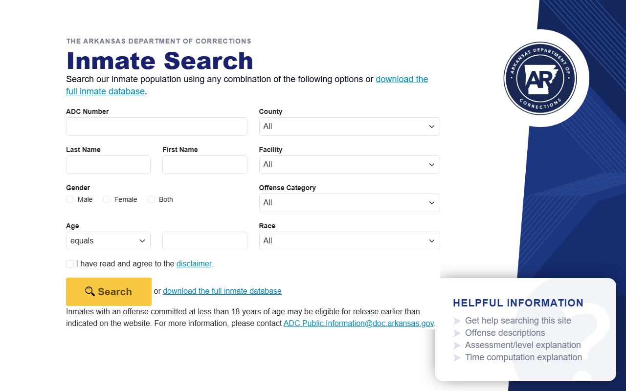 Arkansas Department of Corrections inmate search portal for Pulaski County court records
